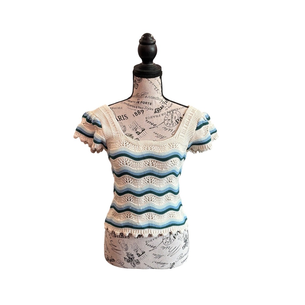 Jessica Simpson Womens Striped Pointelle Knit Ruffle Sleeve Cotton Top Small NEW